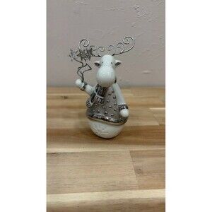 PIER 1 IMPORTS Ceramic Moose Figurine Minimalist Silver White Decor w/Box 4.5"